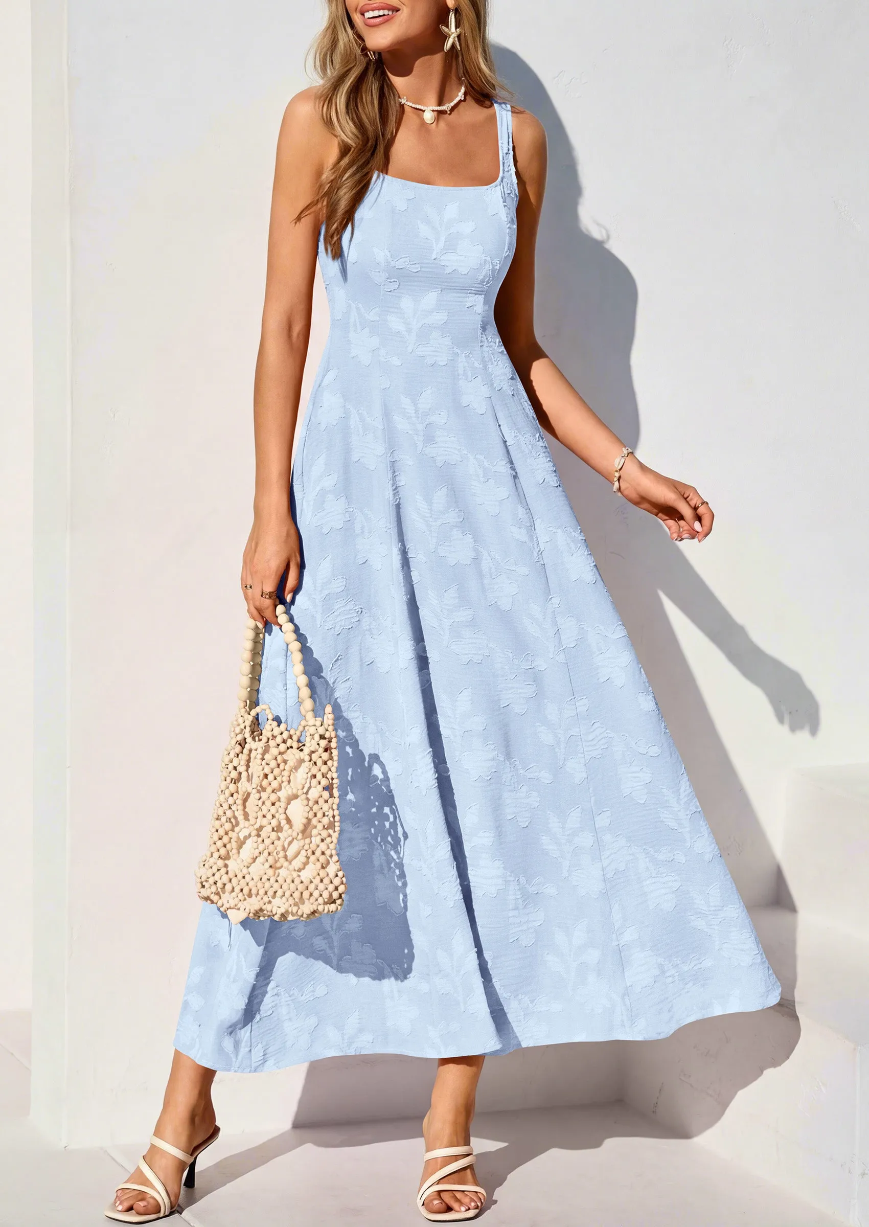 PRETTYGARDEN Womens Summer Maxi Dresses Casual Sleeveless Square Neck Jacquard Flowy Wedding Guest Beach Boho Long Dress sold by PrettyGarden product image thumbnail 4