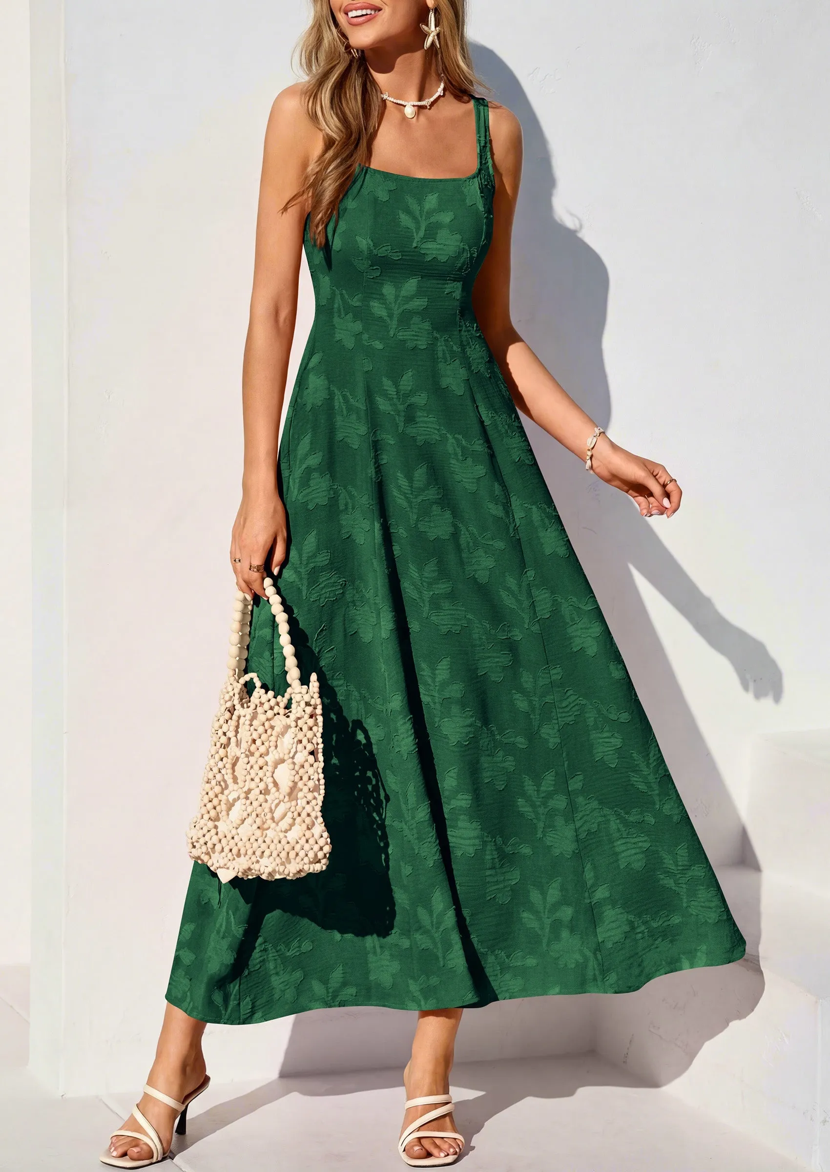 PRETTYGARDEN Womens Summer Maxi Dresses Casual Sleeveless Square Neck Jacquard Flowy Wedding Guest Beach Boho Long Dress sold by PrettyGarden product image thumbnail 3