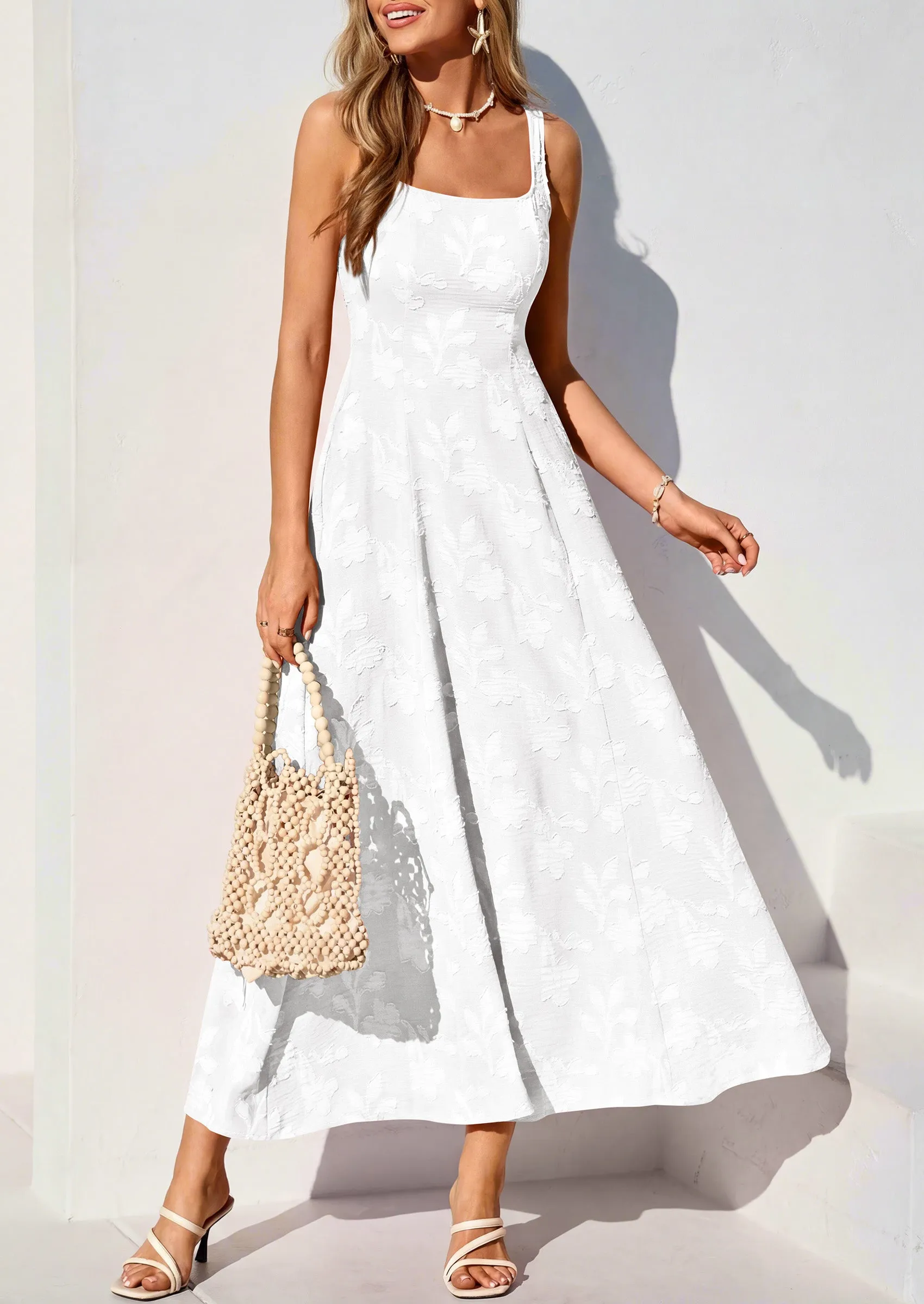 PRETTYGARDEN Womens Summer Maxi Dresses Casual Sleeveless Square Neck Jacquard Flowy Wedding Guest Beach Boho Long Dress sold by PrettyGarden