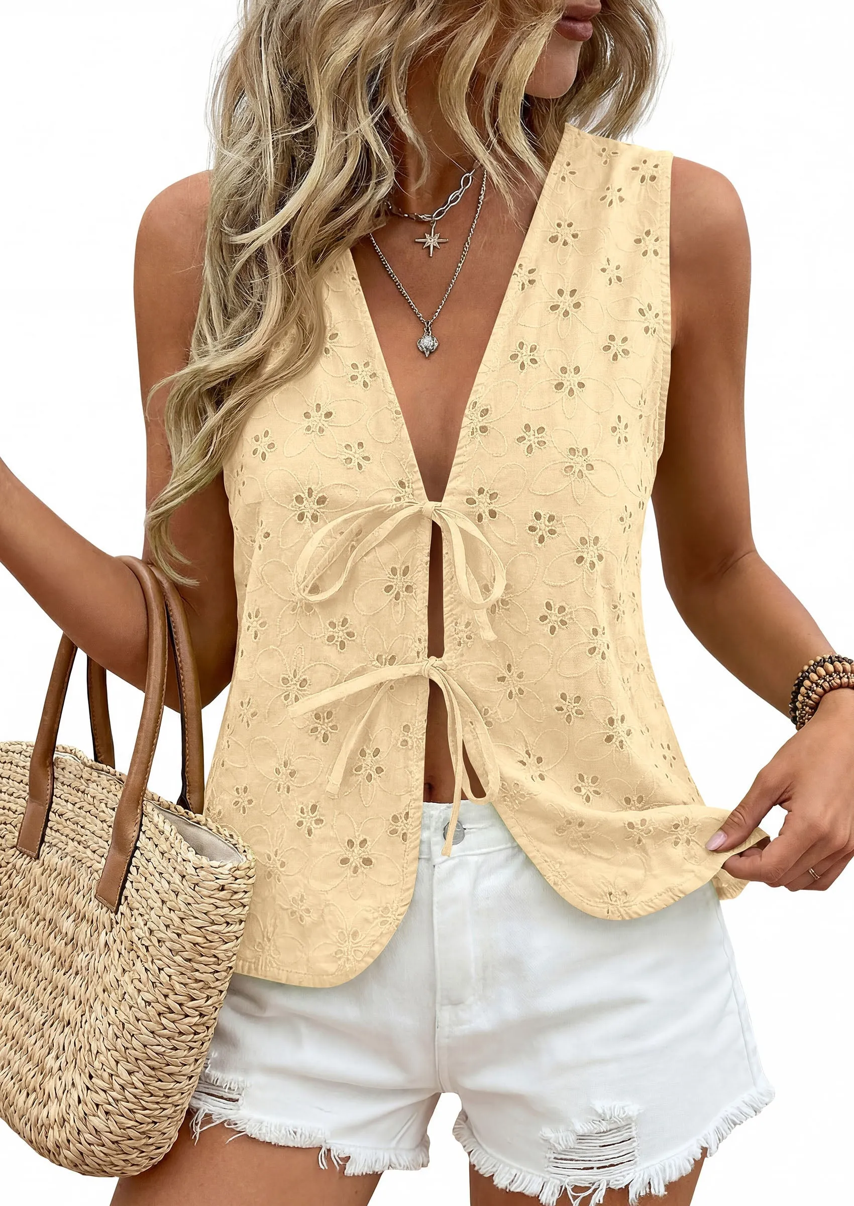 PRETTYGARDEN Women Summer Tie Front Eyelet Tank Tops Trendy Floral Vest Sleeveless V Neck Dressy Blouse Vacation Outfits sold by PrettyGarden product image thumbnail 4