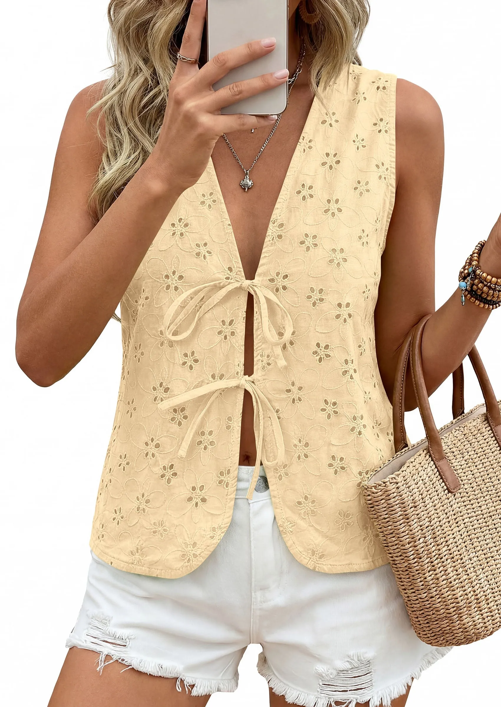 PRETTYGARDEN Women Summer Tie Front Eyelet Tank Tops Trendy Floral Vest Sleeveless V Neck Dressy Blouse Vacation Outfits sold by PrettyGarden product image thumbnail 5