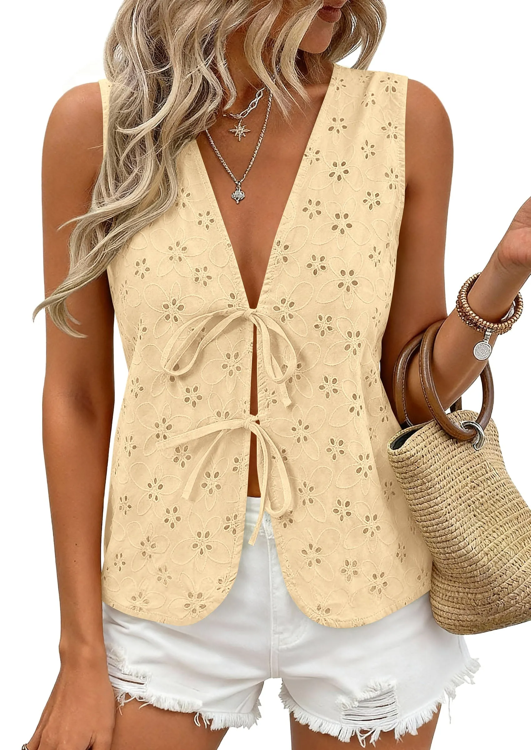 PRETTYGARDEN Women Summer Tie Front Eyelet Tank Tops Trendy Floral Vest Sleeveless V Neck Dressy Blouse Vacation Outfits sold by PrettyGarden product image thumbnail 2