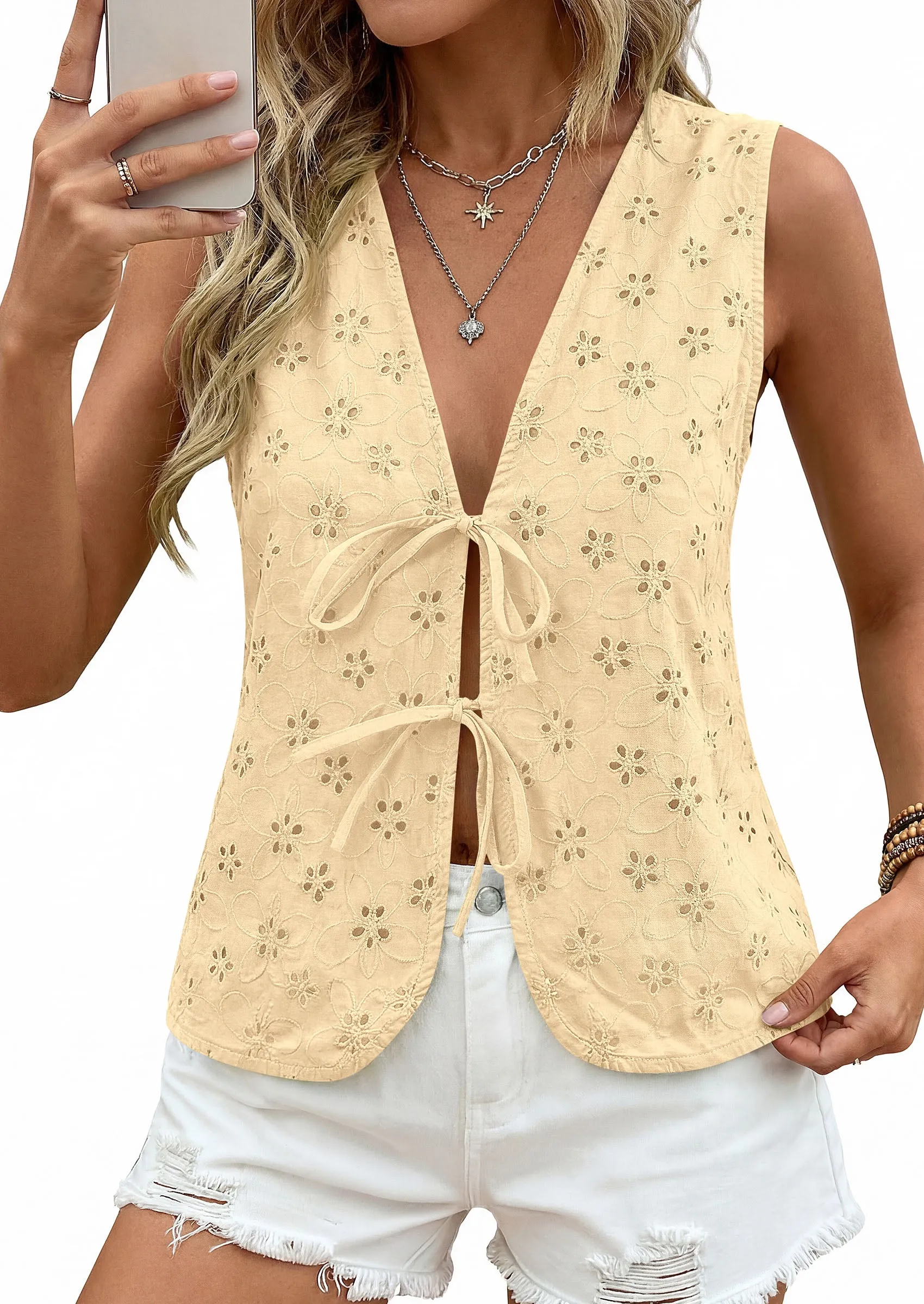 PRETTYGARDEN Women Summer Tie Front Eyelet Tank Tops Trendy Floral Vest Sleeveless V Neck Dressy Blouse Vacation Outfits sold by PrettyGarden product image thumbnail 3