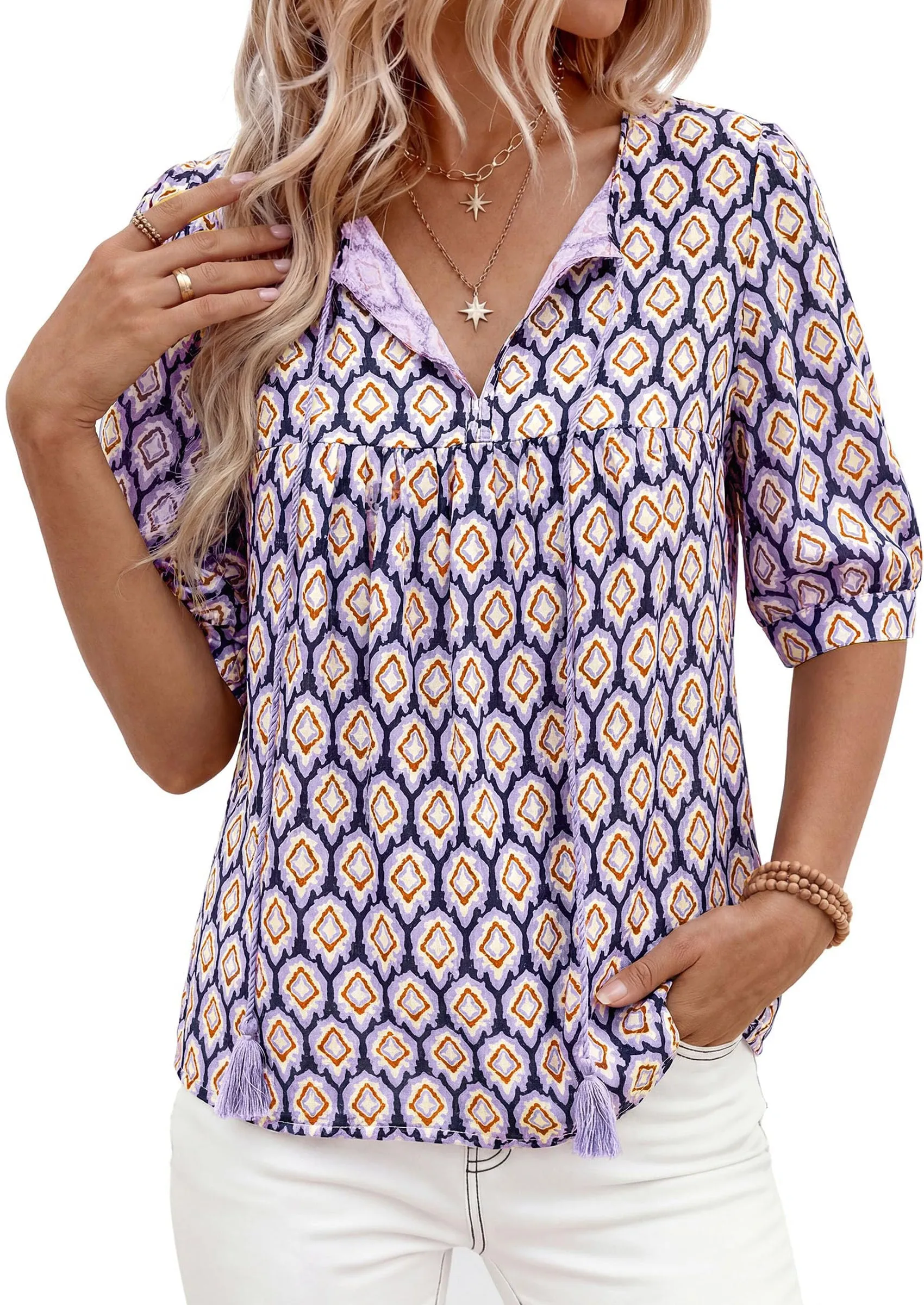 PRETTYGARDEN Womens Summer Boho Tops Casual Vacation Outfits Tie Front V Neck Peasant Blouses Puff Short Sleeve Shirts sold by PrettyGarden product image thumbnail 4