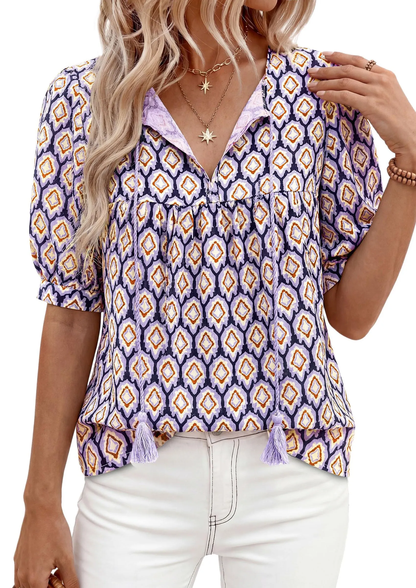 PRETTYGARDEN Womens Summer Boho Tops Casual Vacation Outfits Tie Front V Neck Peasant Blouses Puff Short Sleeve Shirts sold by PrettyGarden product image thumbnail 2