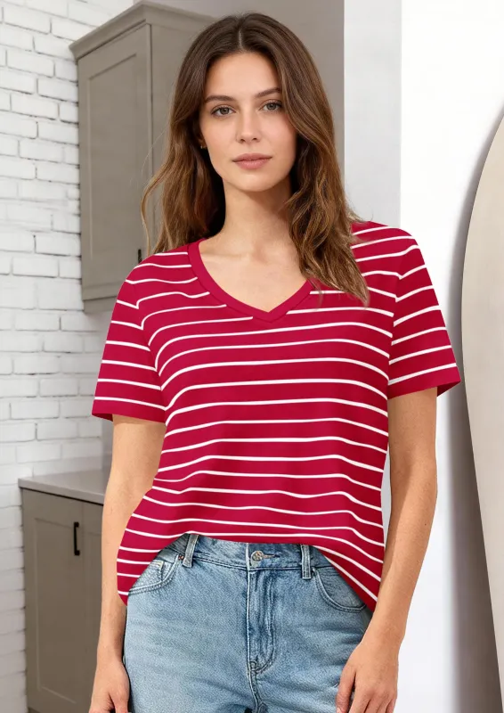 PRETTYGARDEN Short Sleeve Shirts for Women Spring V Neck Cute Tops Casual Striped Shirt Knitted Tees Summer Outfits made by PrettyGarden