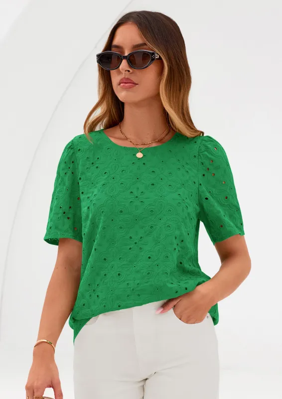 PRETTYGARDEN Women's Puff Short Sleeve Eyelet Shirts Summer Lace Blouses Dressy Casual Work Tops Spring Teacher Clothes made by PrettyGarden