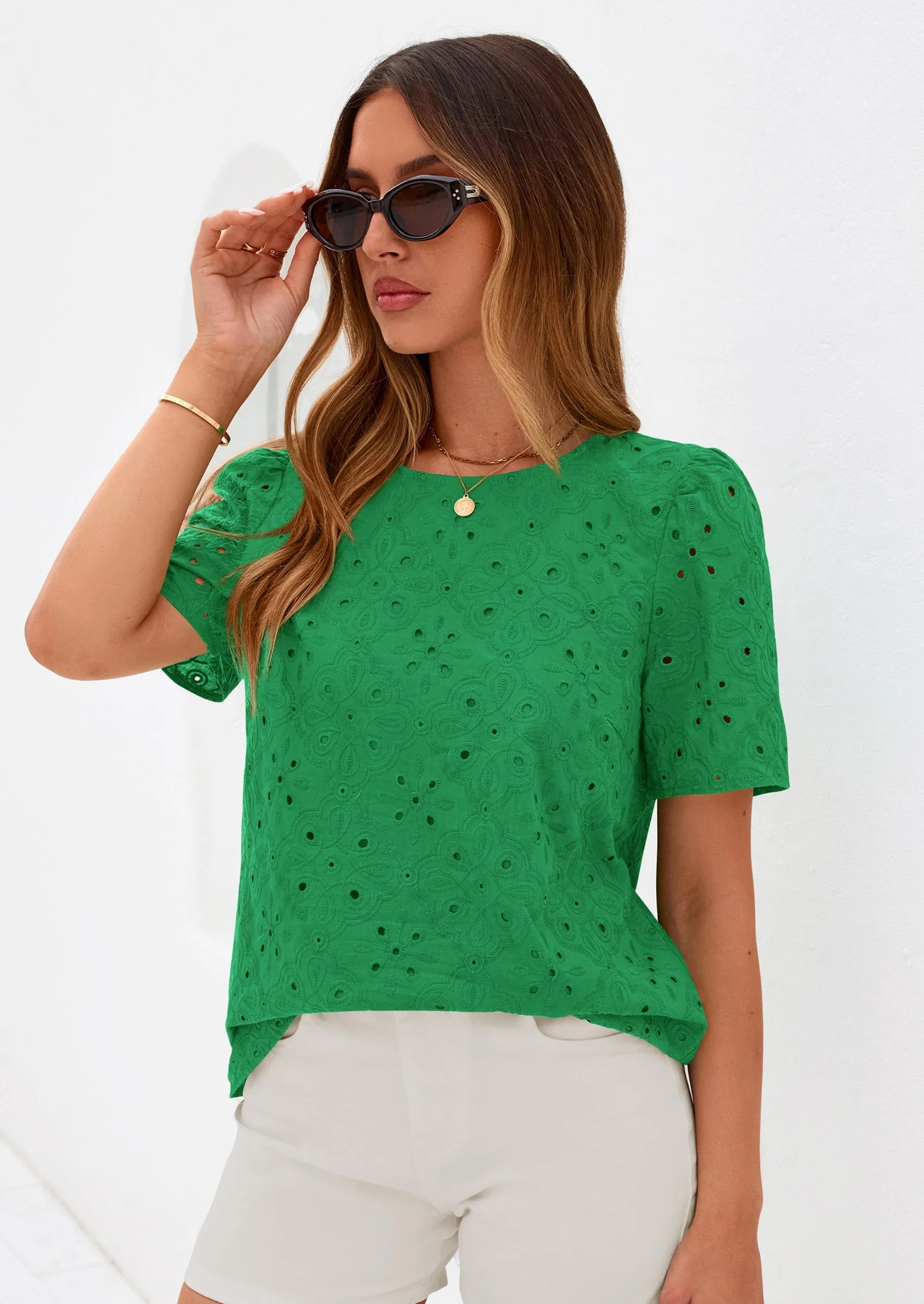 PRETTYGARDEN Women's Puff Short Sleeve Eyelet Shirts Summer Lace Blouses Dressy Casual Work Tops Spring Teacher Clothes sold by PrettyGarden product image thumbnail 5