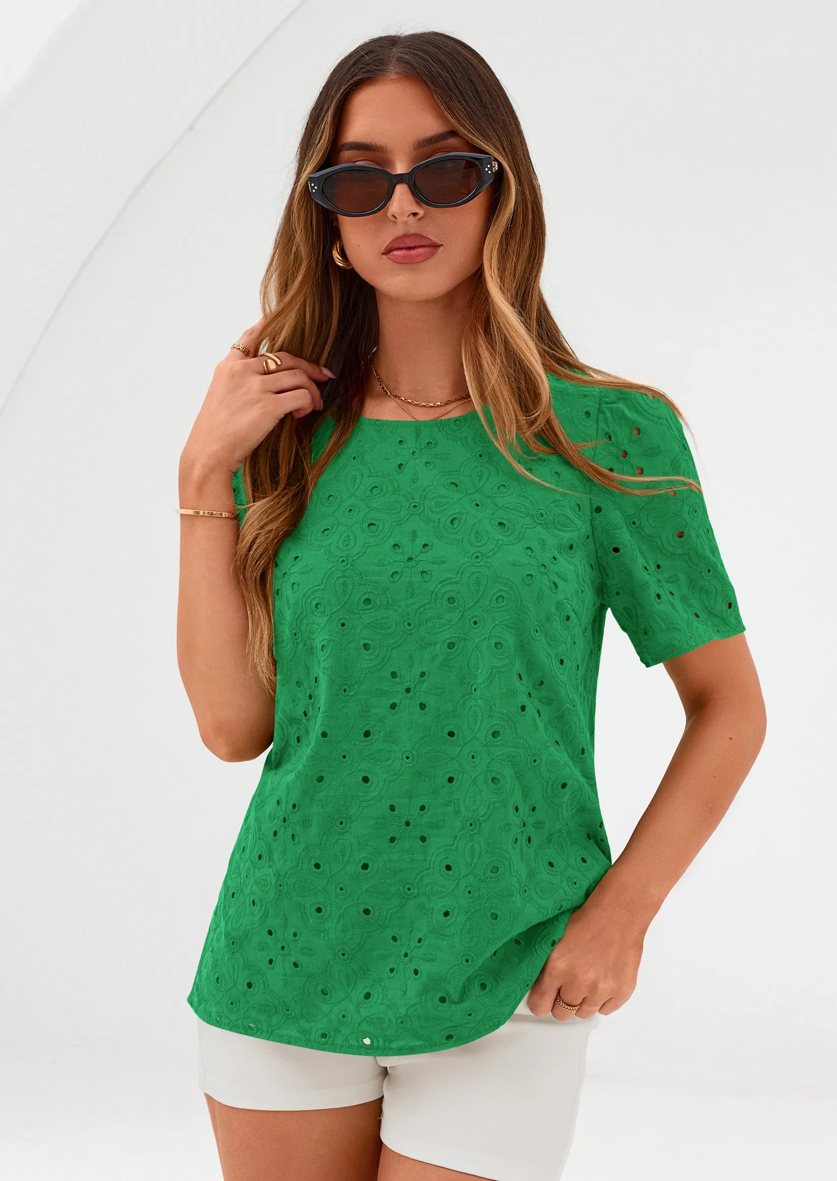 PRETTYGARDEN Women's Puff Short Sleeve Eyelet Shirts Summer Lace Blouses Dressy Casual Work Tops Spring Teacher Clothes sold by PrettyGarden product image thumbnail 3