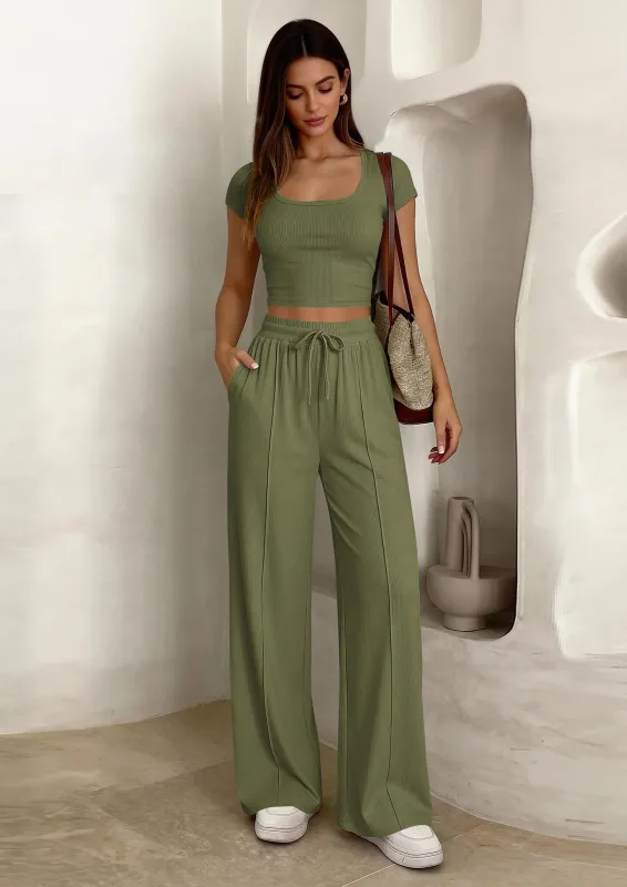 PRETTYGARDEN Women's 2 Piece Matching Lounge Sets Ribbed Short Sleeve Crop Tops Wide Leg Pants Summer Airport Outfits made by PrettyGarden