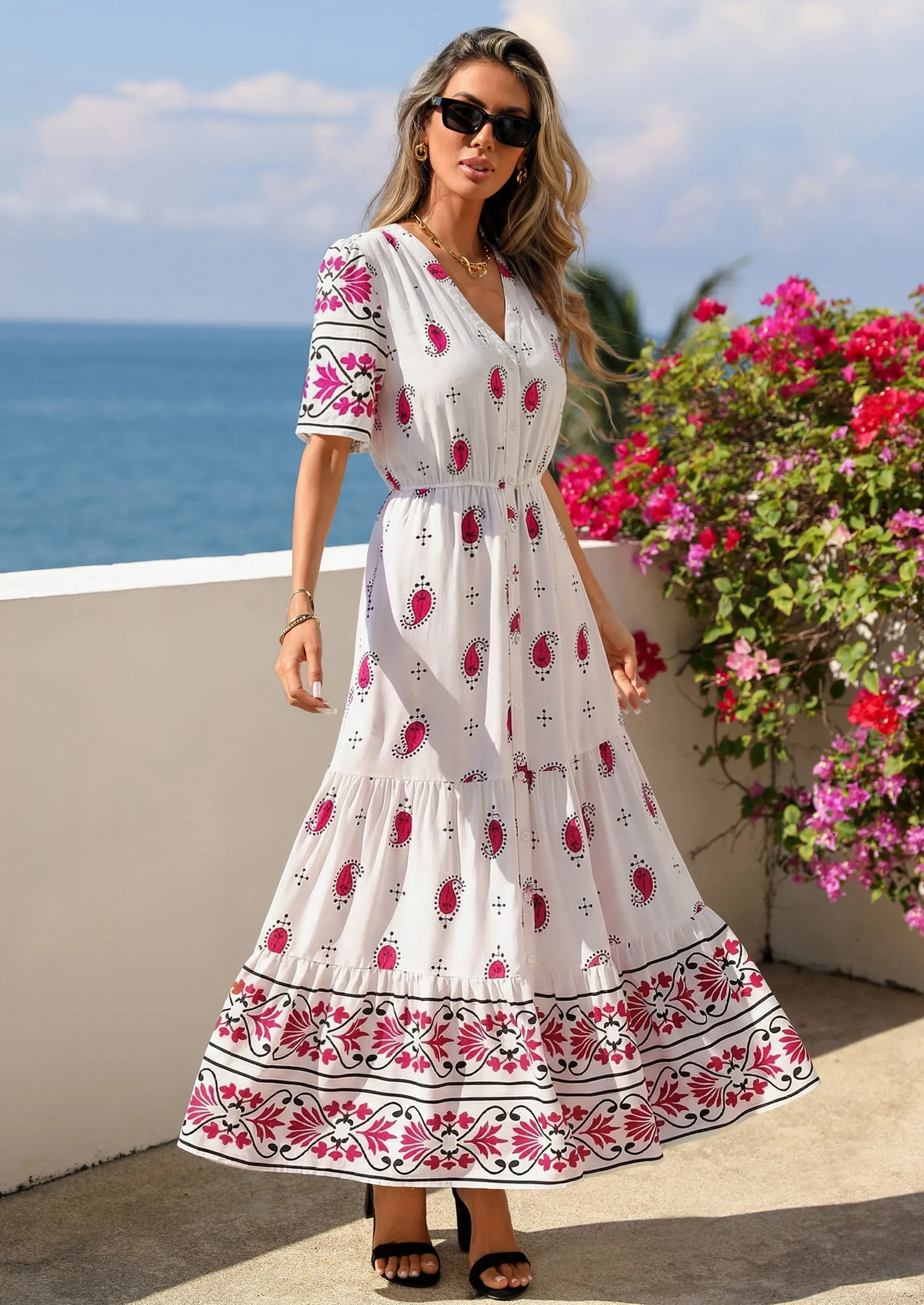 PRETTYGARDEN Womens Summer Boho Maxi Dress Trendy Short Sleeve V Neck Flowy Beach Floral Dresses with Pockets sold by PrettyGarden product image thumbnail 4