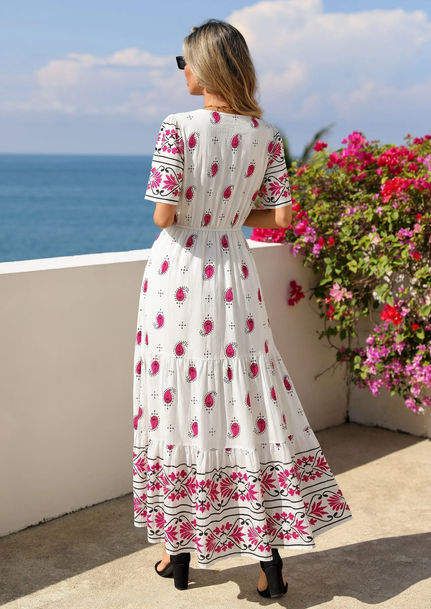 PRETTYGARDEN Womens Summer Boho Maxi Dress Trendy Short Sleeve V Neck Flowy Beach Floral Dresses with Pockets sold by PrettyGarden product image thumbnail 2