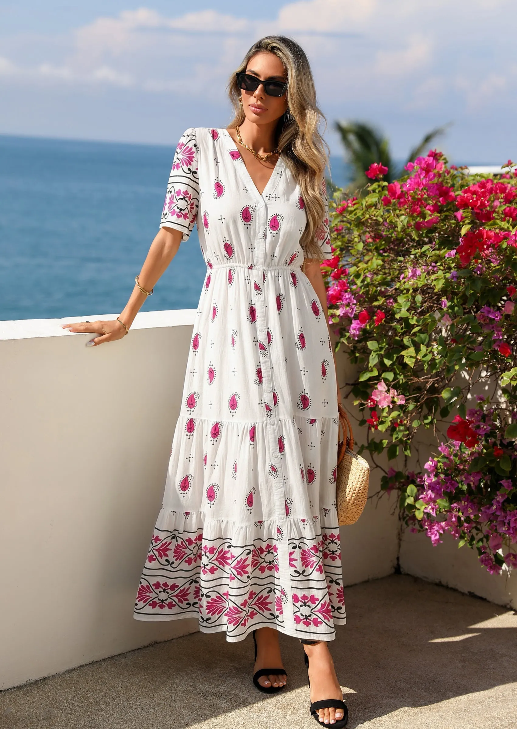 PRETTYGARDEN Womens Summer Boho Maxi Dress Trendy Short Sleeve V Neck Flowy Beach Floral Dresses with Pockets sold by PrettyGarden product image thumbnail 5