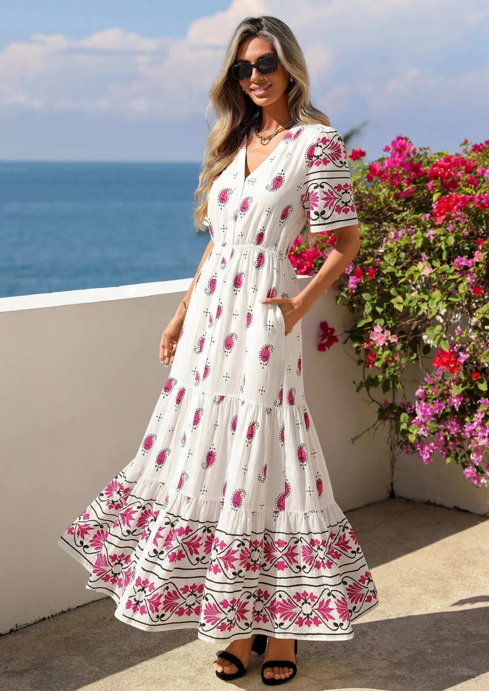 PRETTYGARDEN Womens Summer Boho Maxi Dress Trendy Short Sleeve V Neck Flowy Beach Floral Dresses with Pockets sold by PrettyGarden product image thumbnail 3
