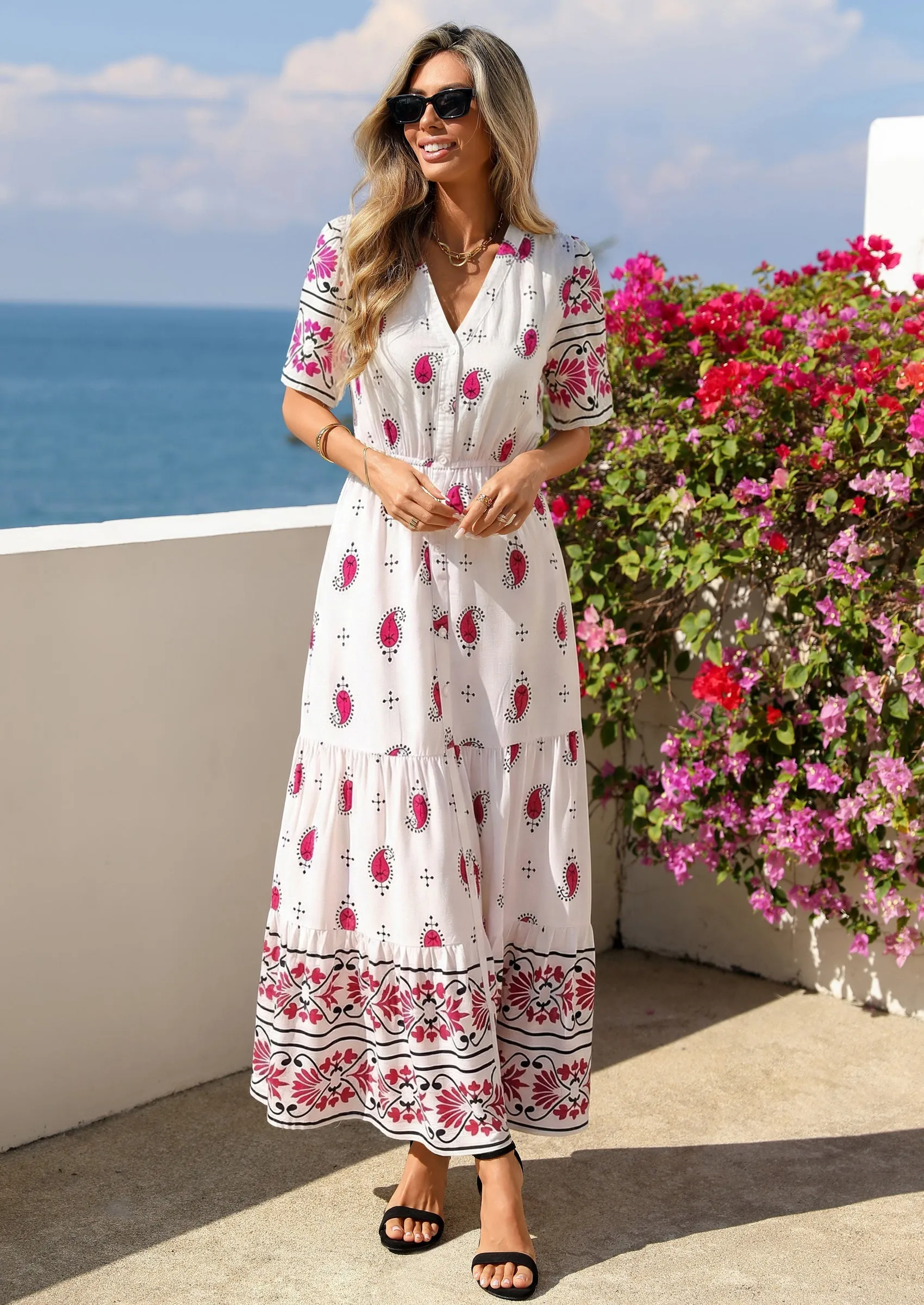 PRETTYGARDEN Womens Summer Boho Maxi Dress Trendy Short Sleeve V Neck Flowy Beach Floral Dresses with Pockets sold by PrettyGarden