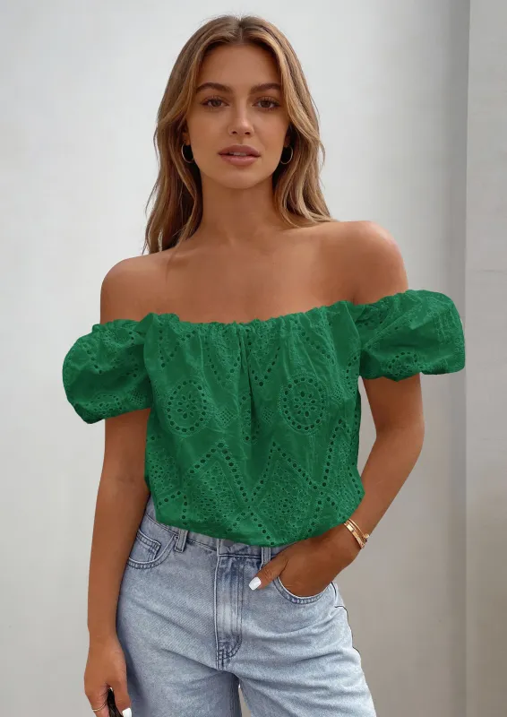 PRETTYGARDEN Women's Summer Off The Shoulder Tops Dressy Casual Puff Short Sleeve Embroidered Eyelet Cute Blouse Shirts made by PrettyGarden
