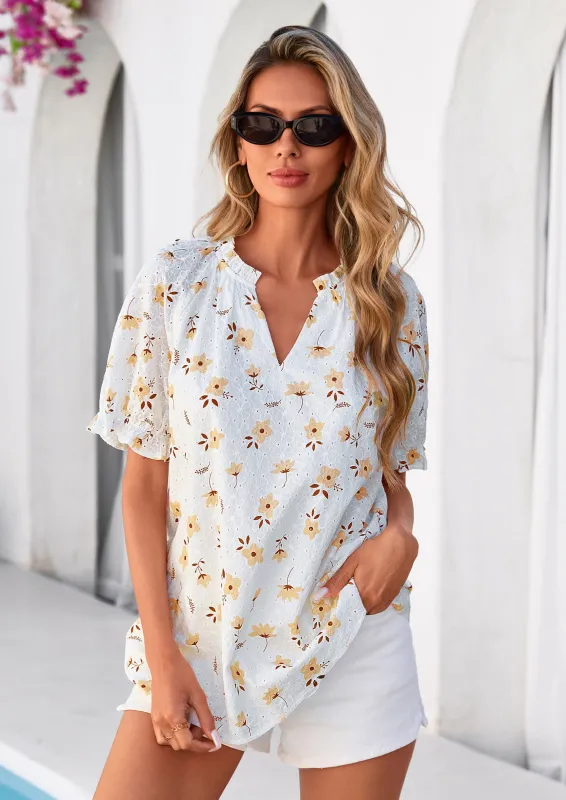 PRETTYGARDEN Summer Short Sleeve V Neck Shirts for Women Trendy Floral Print Loose Ruffle Tops Business Casual Blouses made by PrettyGarden