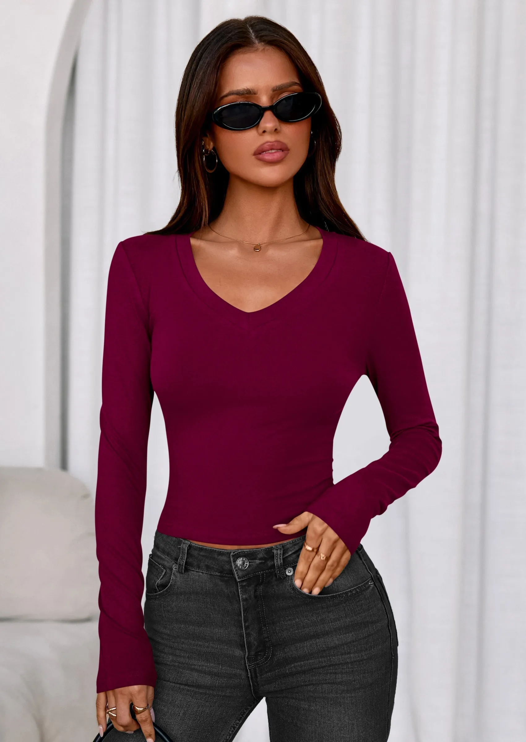 PRETTYGARDEN Womens Long Sleeve T Shirts Fall Trendy Deep V Neck Slim Fit Basic Crop Tops Casual Going Out Top sold by PrettyGarden product image thumbnail 5