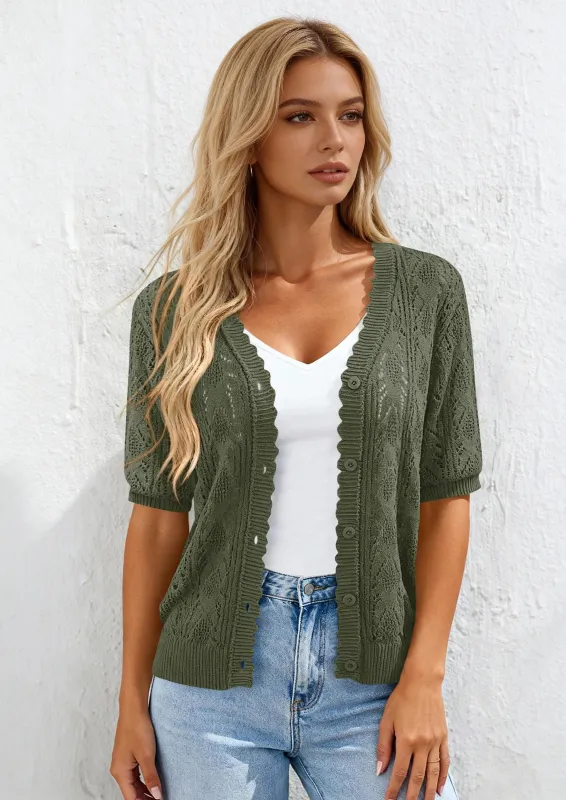 PRETTYGARDEN Short Sleeve Crochet Knit Summer Cardigans for Women Lightweight Button Down Hollow Out Sweater Beach Cover Up made by PrettyGarden