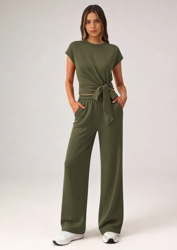 PRETTYGARDEN 2 Piece Matching Lounge Sets For Women Summer Short Sleeve Tie Front Crop Tops Casual Wide Leg Pants Tracksuit made by PrettyGarden