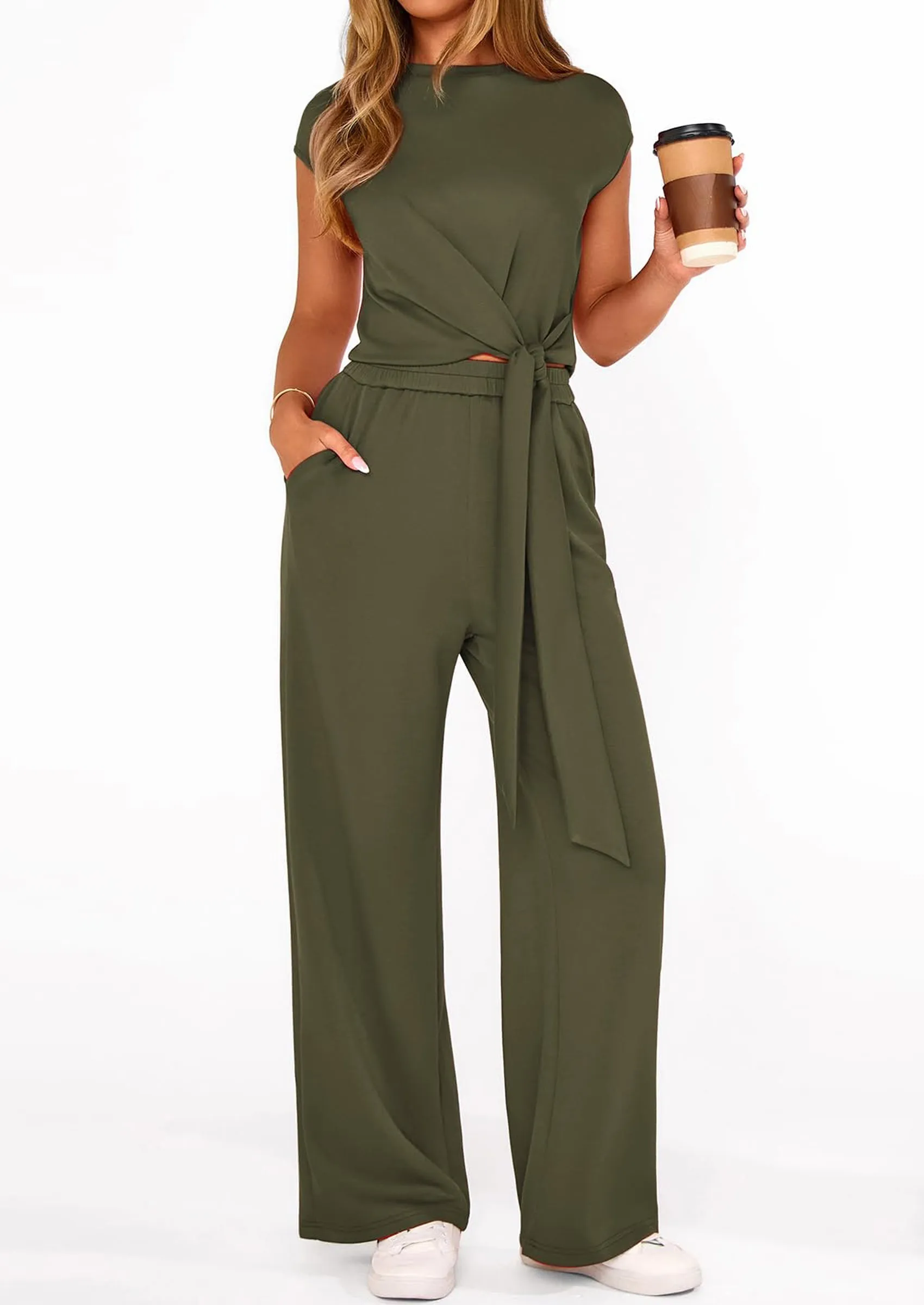 PRETTYGARDEN 2 Piece Matching Lounge Sets For Women Summer Short Sleeve Tie Front Crop Tops Casual Wide Leg Pants Tracksuit sold by PrettyGarden product image thumbnail 5