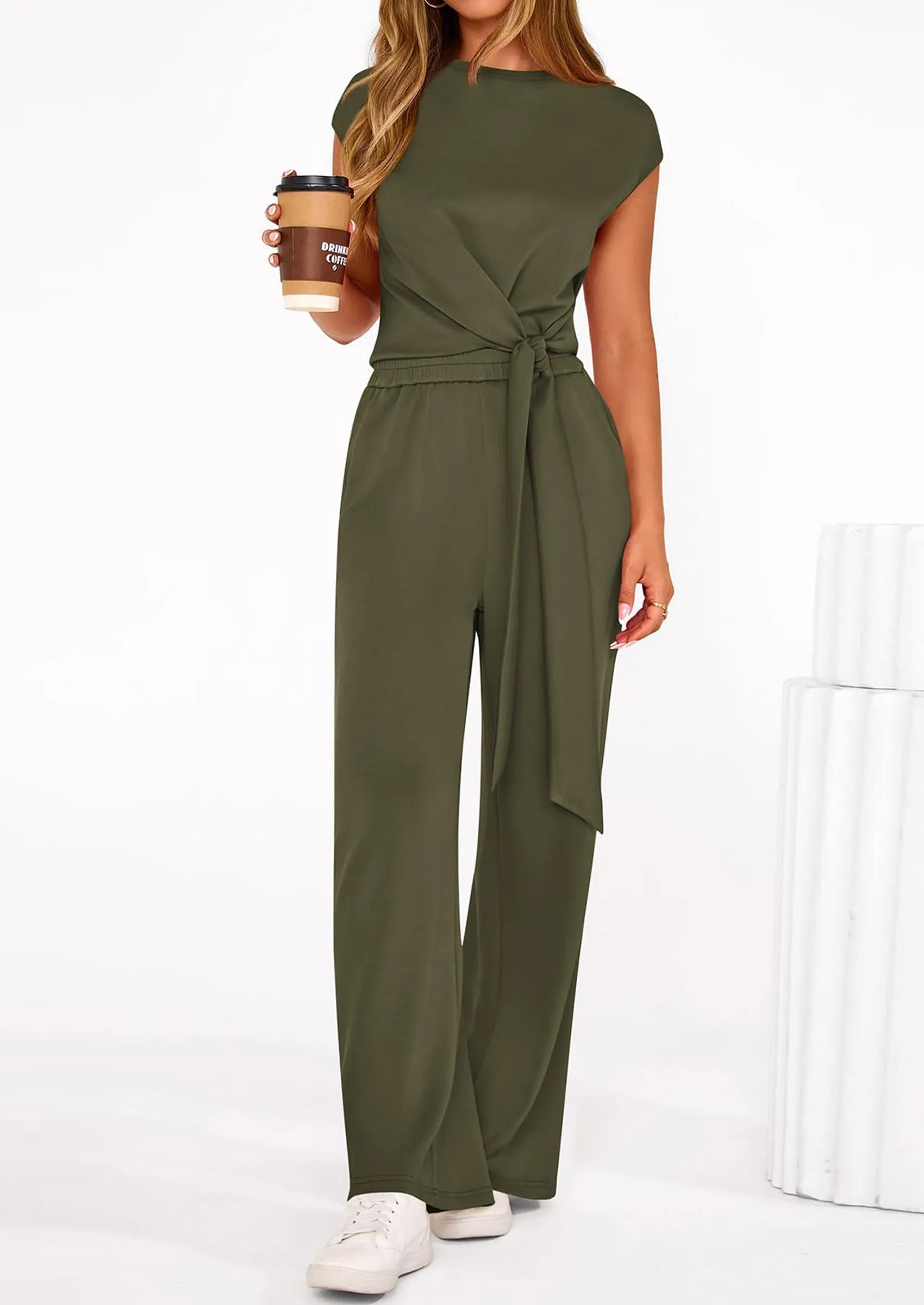 PRETTYGARDEN 2 Piece Matching Lounge Sets For Women Summer Short Sleeve Tie Front Crop Tops Casual Wide Leg Pants Tracksuit sold by PrettyGarden product image thumbnail 4