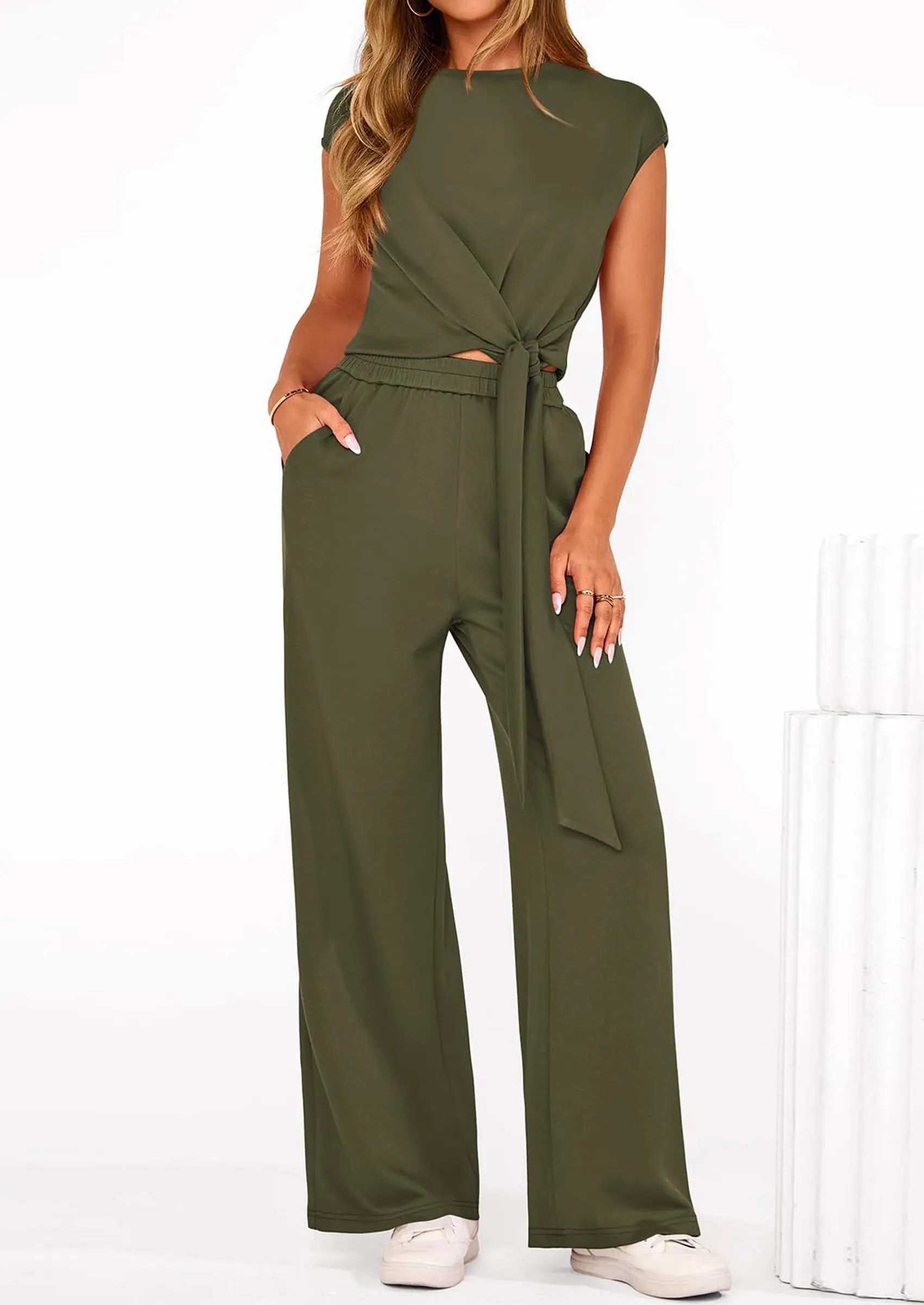 PRETTYGARDEN 2 Piece Matching Lounge Sets For Women Summer Short Sleeve Tie Front Crop Tops Casual Wide Leg Pants Tracksuit sold by PrettyGarden product image thumbnail 2