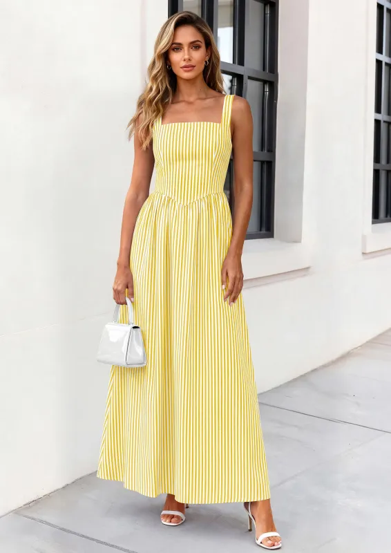 PRETTYGARDEN Women's Maxi Striped Dress Summer Sleeveless Square Neck Smocked A Line Long Flowy Spring Vacation Sundress made by PrettyGarden