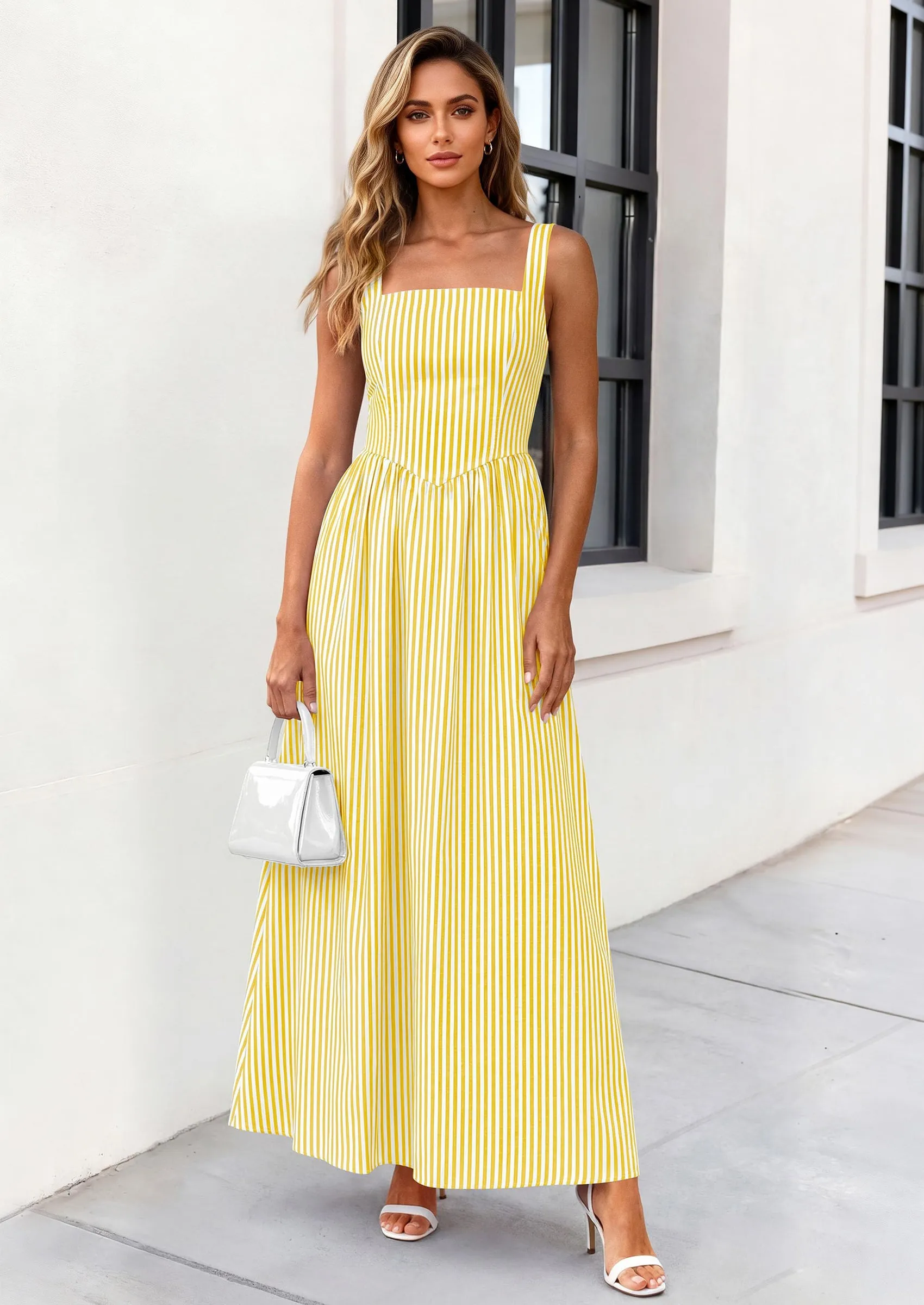 PRETTYGARDEN Women's Maxi Striped Dress Summer Sleeveless Square Neck Smocked A Line Long Flowy Spring Vacation Sundress sold by PrettyGarden