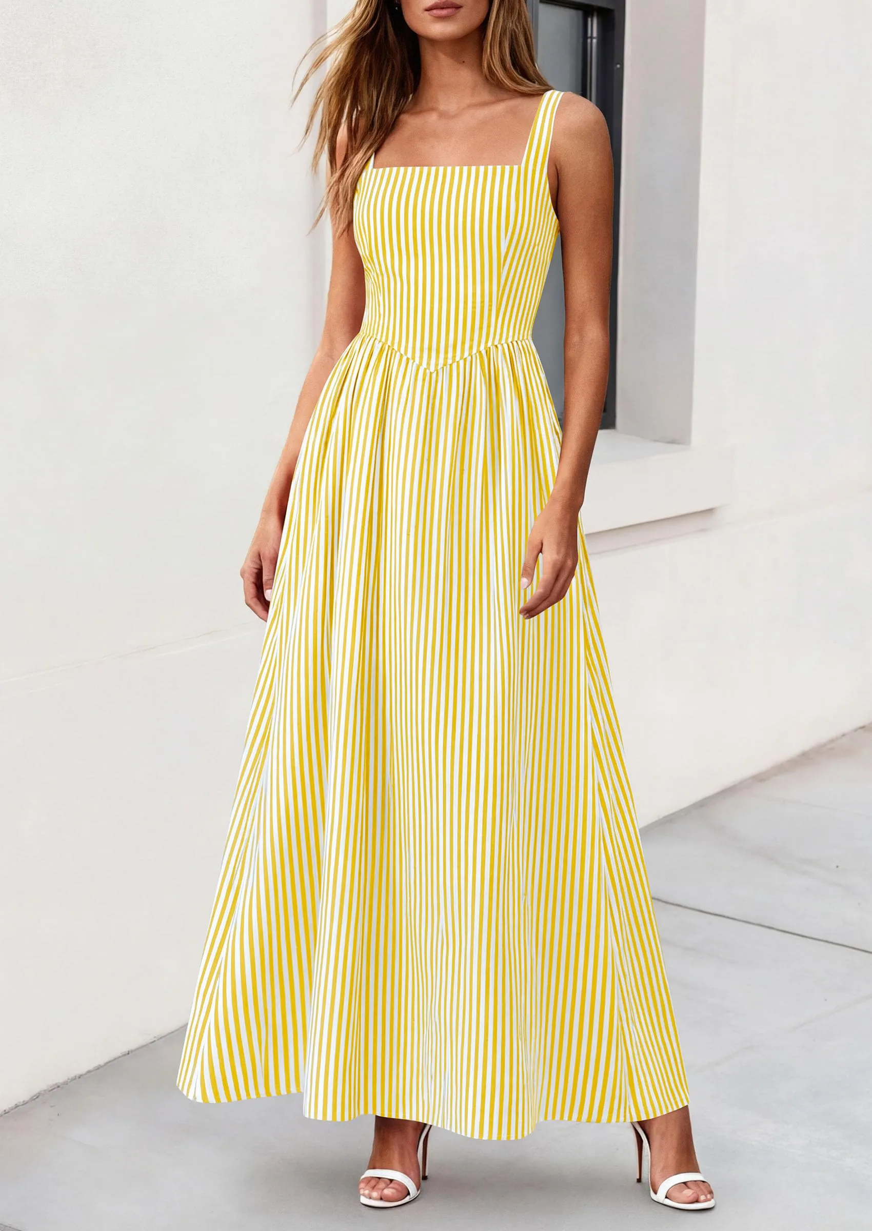 PRETTYGARDEN Women's Maxi Striped Dress Summer Sleeveless Square Neck Smocked A Line Long Flowy Spring Vacation Sundress sold by PrettyGarden product image thumbnail 2