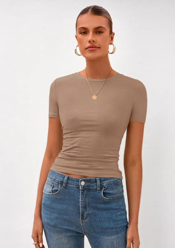 PRETTYGARDEN Women Summer Crew Neck Short Sleeve Tops Ribbed Knit Slim Fit Fashion Basic Tee Shirts Casual Going Out Top made by PrettyGarden