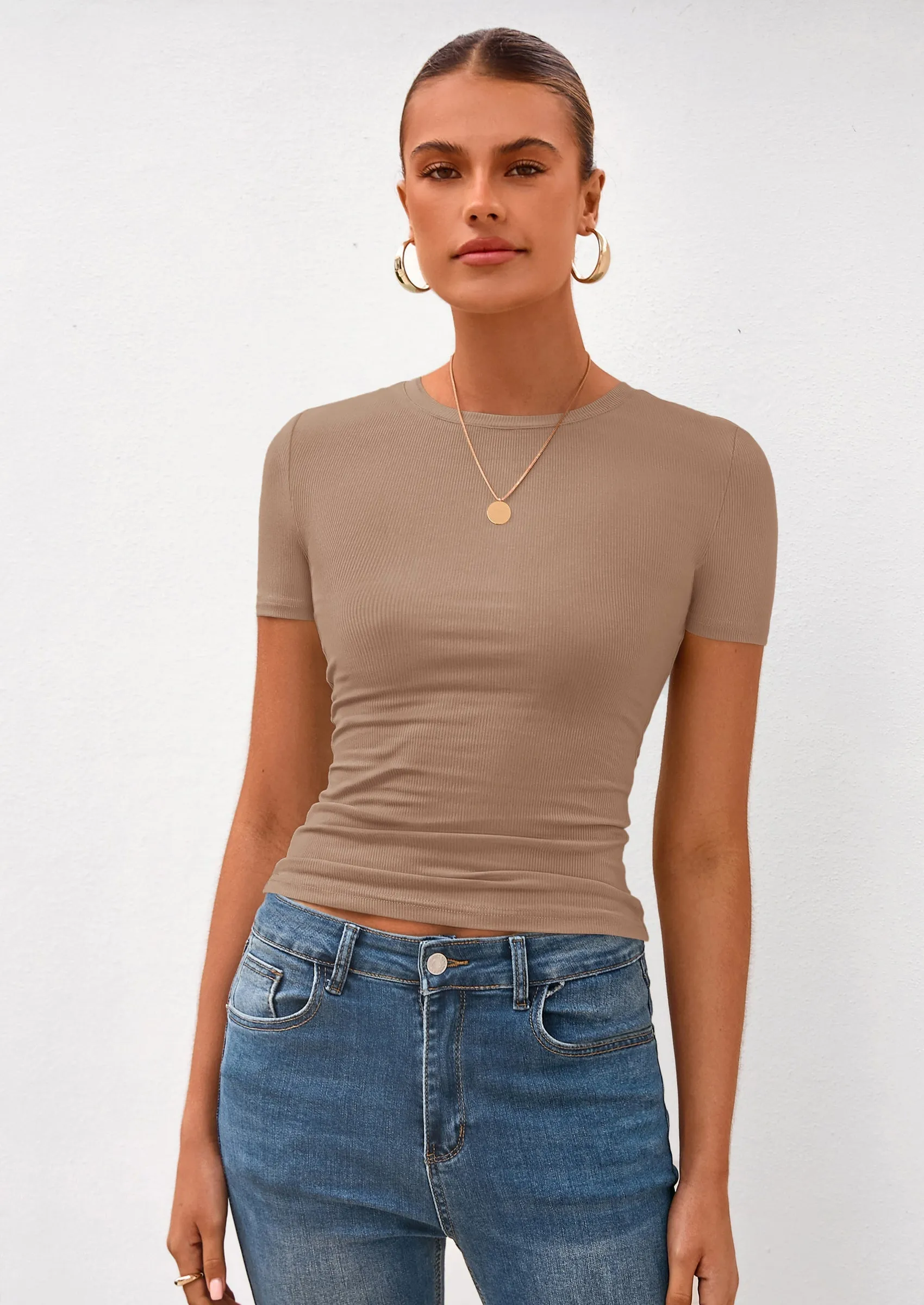 PRETTYGARDEN Women Summer Crew Neck Short Sleeve Tops Ribbed Knit Slim Fit Fashion Basic Tee Shirts Casual Going Out Top sold by PrettyGarden