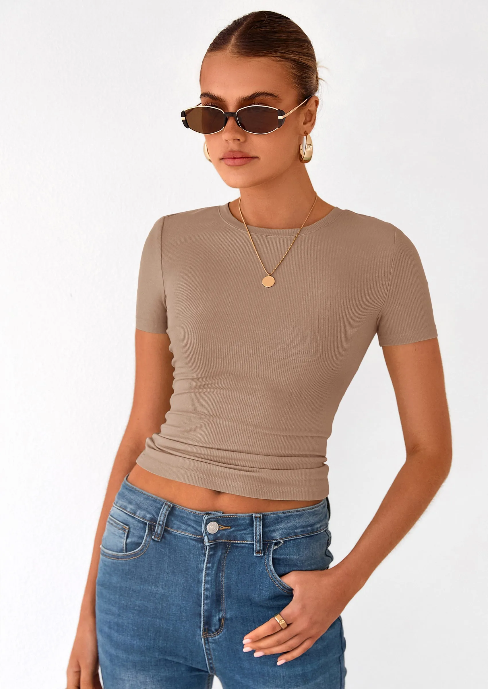 PRETTYGARDEN Women Summer Crew Neck Short Sleeve Tops Ribbed Knit Slim Fit Fashion Basic Tee Shirts Casual Going Out Top sold by PrettyGarden product image thumbnail 5