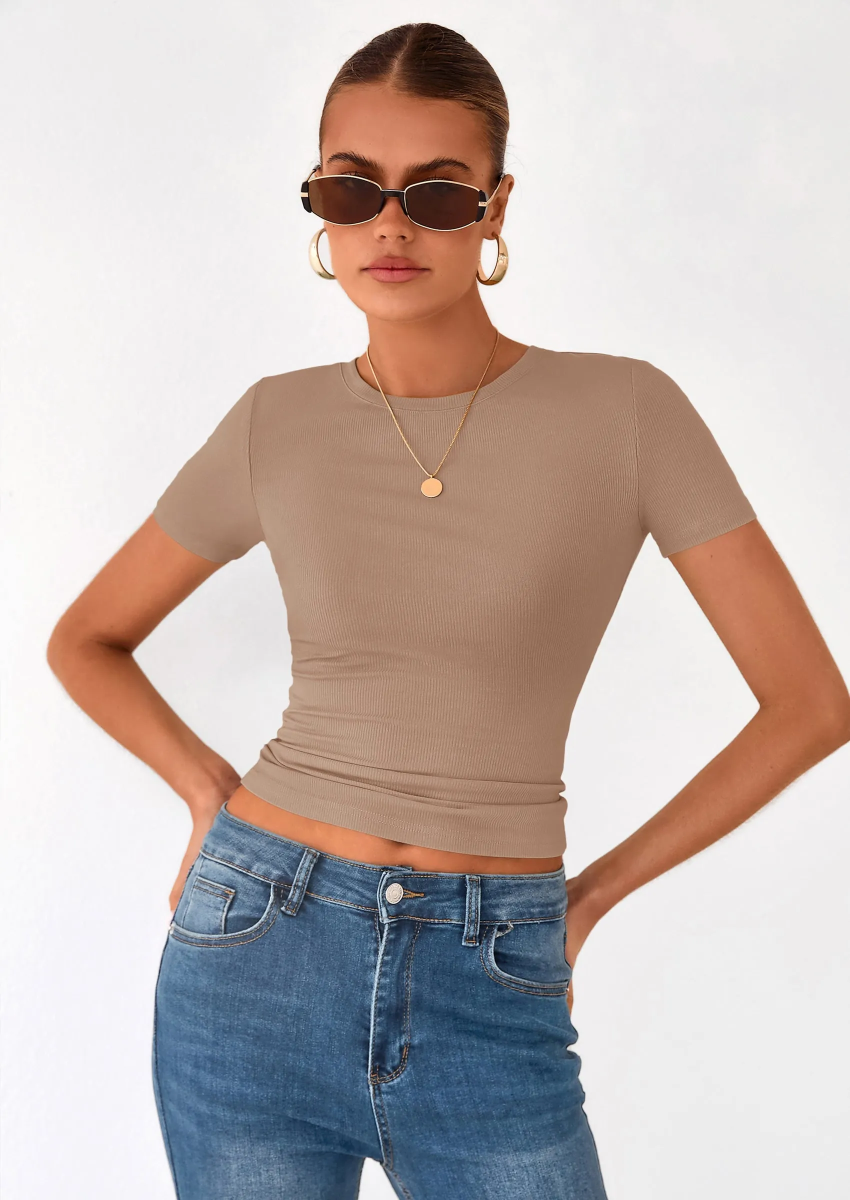 PRETTYGARDEN Women Summer Crew Neck Short Sleeve Tops Ribbed Knit Slim Fit Fashion Basic Tee Shirts Casual Going Out Top sold by PrettyGarden product image thumbnail 4