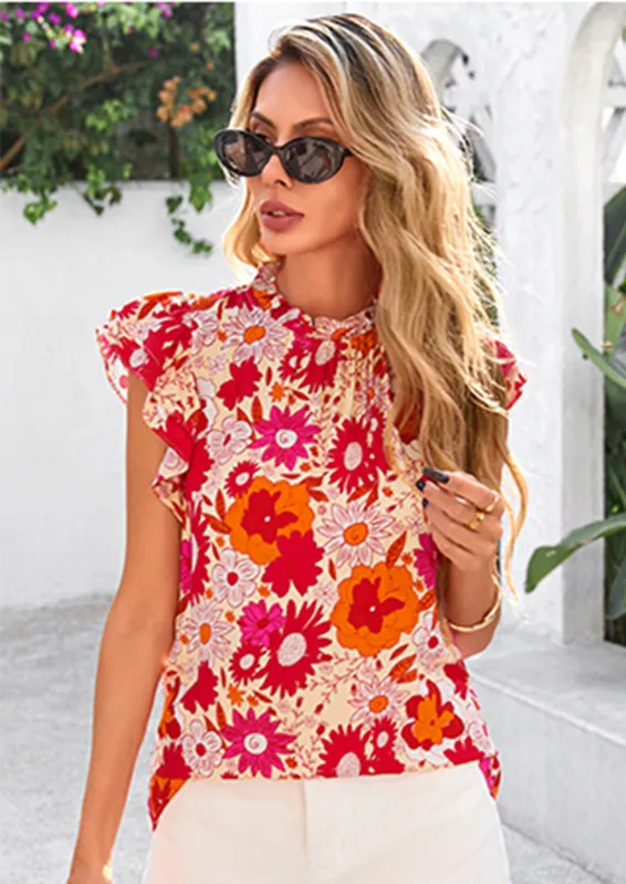 PRETTYGARDEN Women's Ruffle Short Sleeve Summer Tops Trendy Floral Trim Neck Casual Dressy Chiffon Boho Blouses Shirts made by PrettyGarden