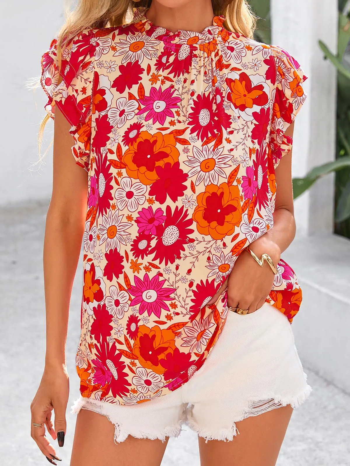 PRETTYGARDEN Women's Ruffle Short Sleeve Summer Tops Trendy Floral Trim Neck Casual Dressy Chiffon Boho Blouses Shirts sold by PrettyGarden product image thumbnail 3