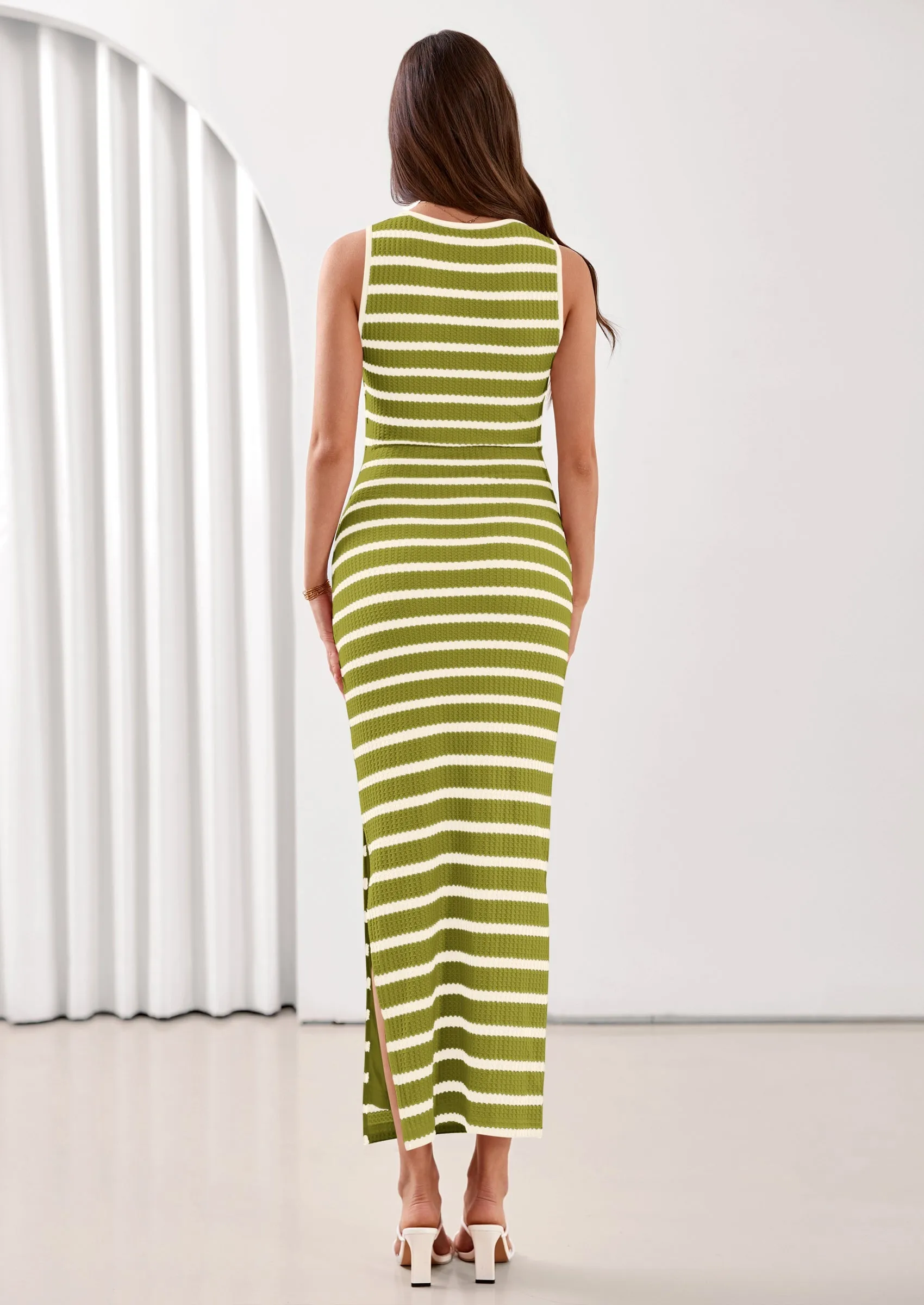 PRETTYGARDEN Sundresses for Women Summer Striped Knit Side Slit Spring Fashion Bodycon Maxi Dress Beach Vacation Clothes sold by PrettyGarden product image thumbnail 2