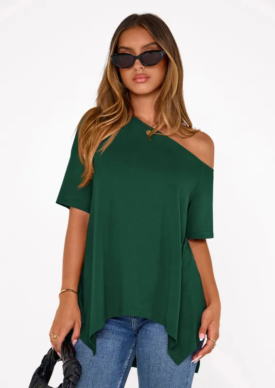 PRETTYGARDEN Off The Shoulder Tops for Women Summer Short Sleeve Asymmetrical Oversized Tee Shirts Casual Spring Clothes made by PrettyGarden