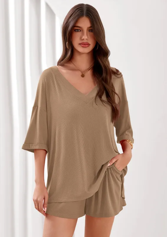 PRETTYGARDEN Womens 2 Piece Sets Oversized Vneck Half Sleeve Tops Shorts Lounge Set Casual Summer Travel Beach Outfits made by PrettyGarden