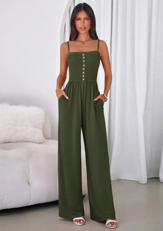 PRETTYGARDEN Jumpsuits for Women Summer Sleeveless Smocked Button Wide Leg Rompers Spring Travel One Piece Outfits made by PrettyGarden