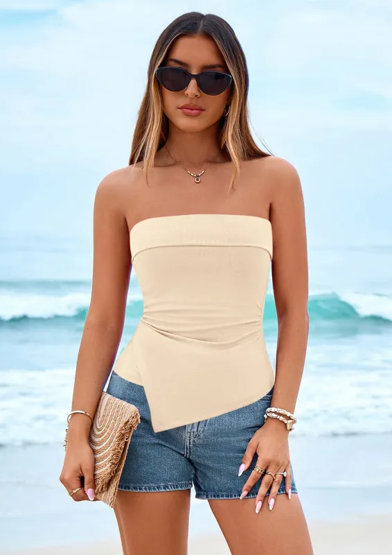 PRETTYGARDEN Tube Tops for Women Summer Strapless Asymmetrical Ruched Bandeau Shirts Trendy Spring Going Out Outfits made by PrettyGarden