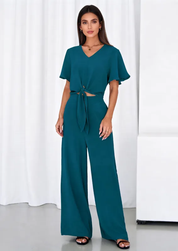 PRETTYGARDEN Women 2 Piece Summer Outfits Short Sleeve Strappy Top Wide Leg Pants Tracksuit Lounge Sets Beach Clothes made by PrettyGarden