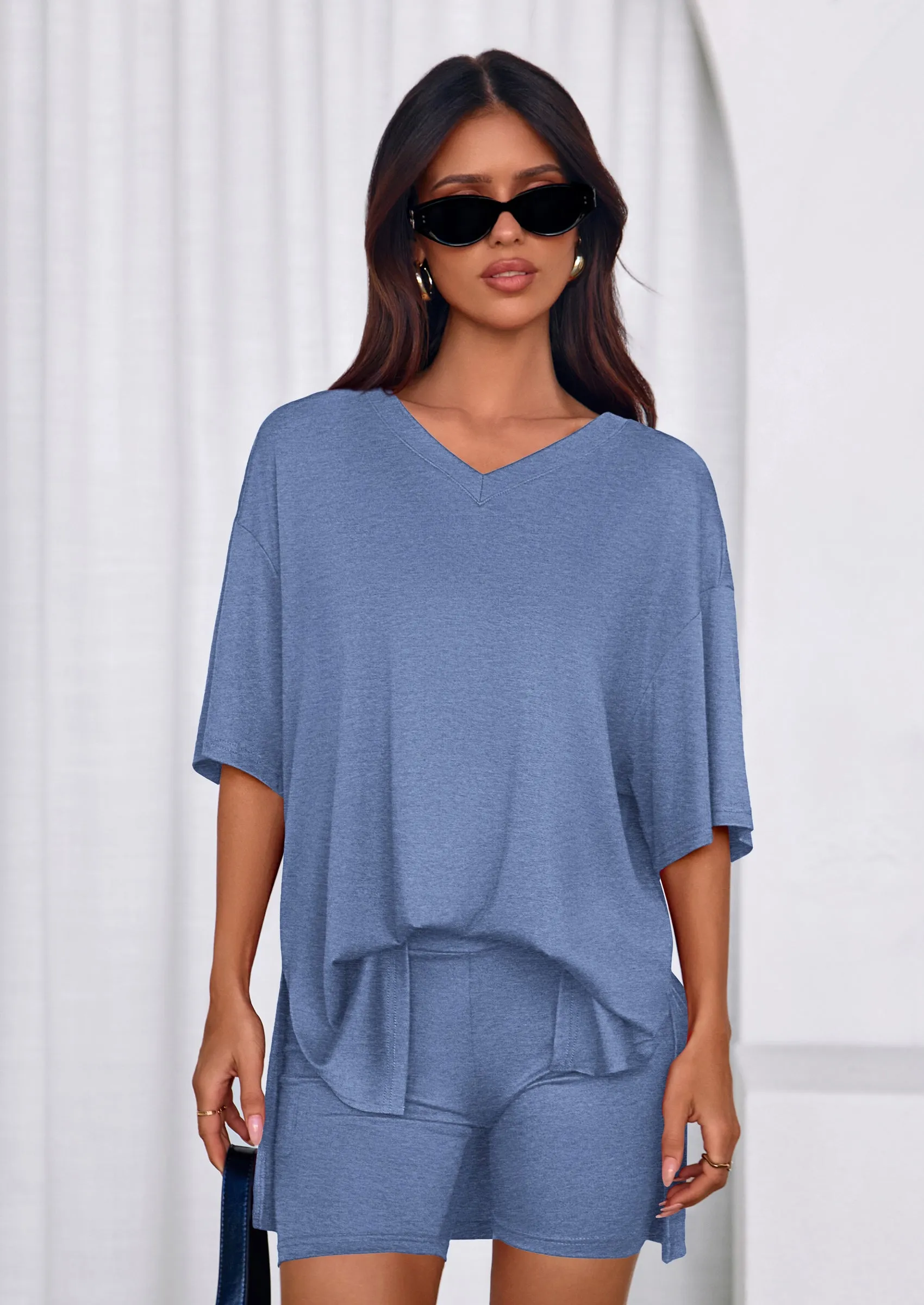 PRETTYGARDEN 2 Piece Sets for Women Summer Lounge Short Set Spring Matching Biker Shorts V Neck Oversized Shirt Clothing sold by PrettyGarden product image thumbnail 5