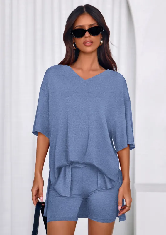 PRETTYGARDEN 2 Piece Sets for Women Summer Lounge Short Set Spring Matching Biker Shorts V Neck Oversized Shirt Clothing made by PrettyGarden