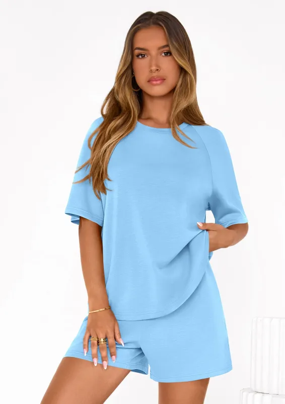 PRETTYGARDEN Women's 2 Piece Lounge Sets Short Sleeve Shirts Casual Tops Shorts Matching Clothing Summer Airport Outfits made by PrettyGarden