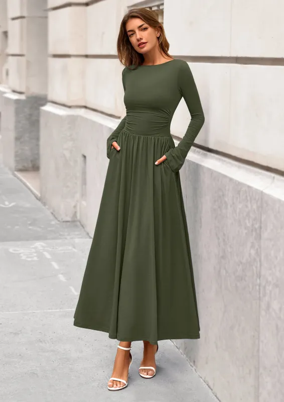 BTFBM Long Sleeve Maxi Dresses for Women Fall Casual Ruched Boat Neck Flowy Elegant Formal Wedding Guest Dress made by PrettyGarden