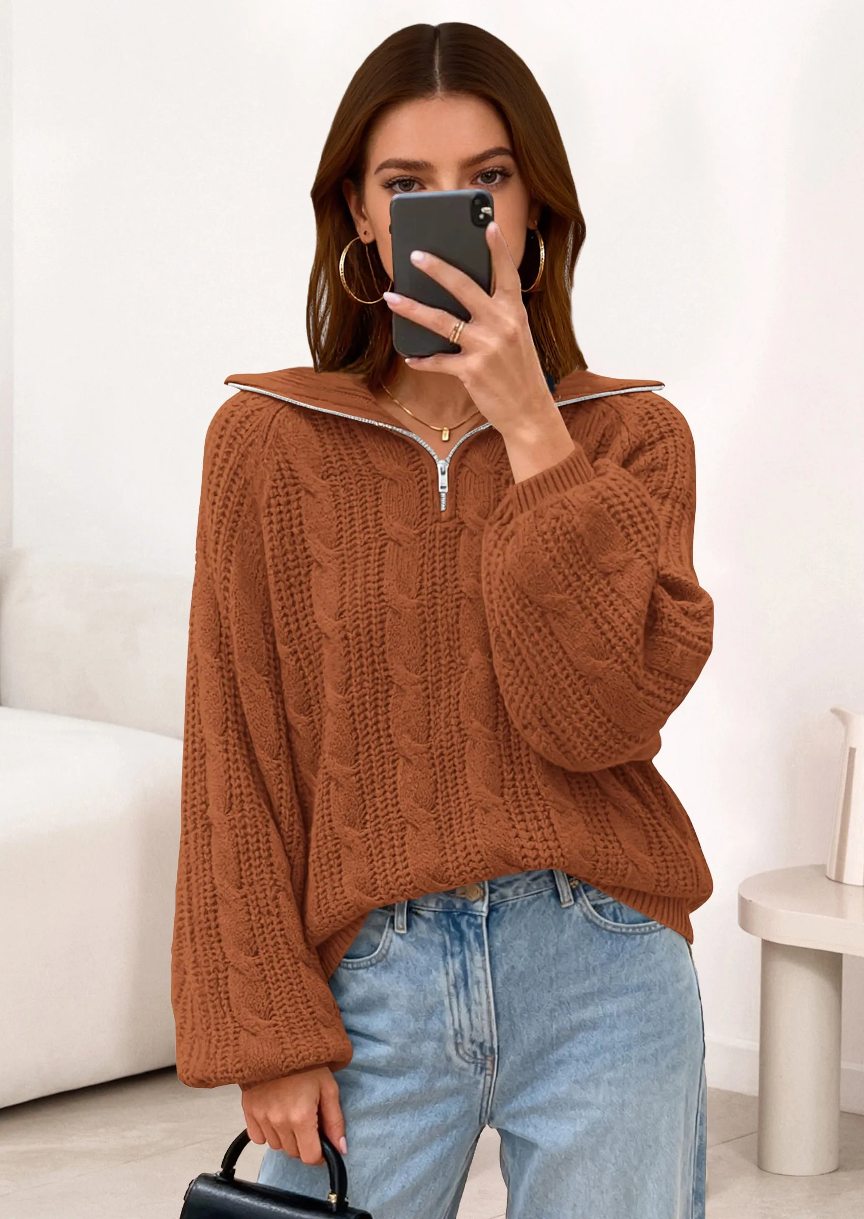 BTFBM Sweaters for Women Fall Fashion Loose Quarter Zip Pullover Collared Long Sleeve Cable Knit Winter Clothes sold by PrettyGarden