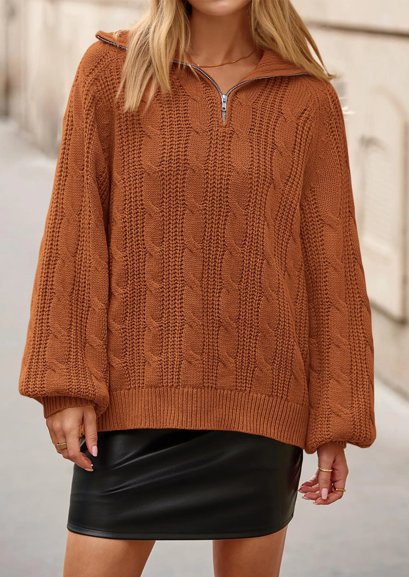 BTFBM Sweaters for Women Fall Fashion Loose Quarter Zip Pullover Collared Long Sleeve Cable Knit Winter Clothes sold by PrettyGarden product image thumbnail 5