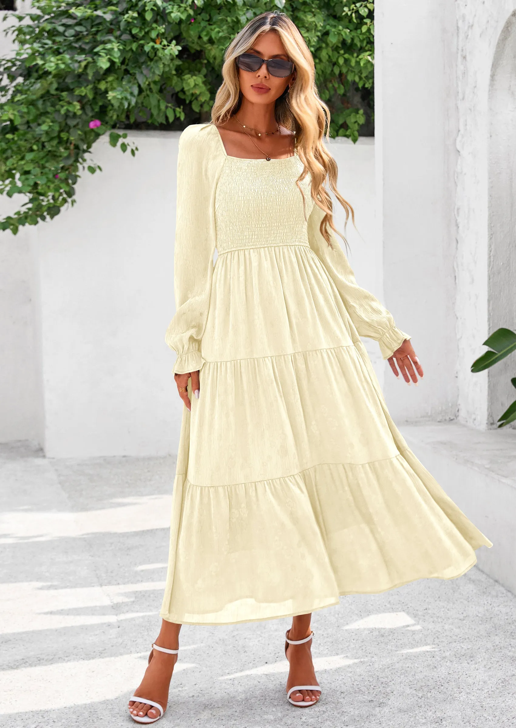 PRETTYGARDEN Fall Wedding Guest Dresses for Women Floral Long Sleeve Smocked Tiered Elegant Long Flowy Boho Dress sold by PrettyGarden product image thumbnail 5