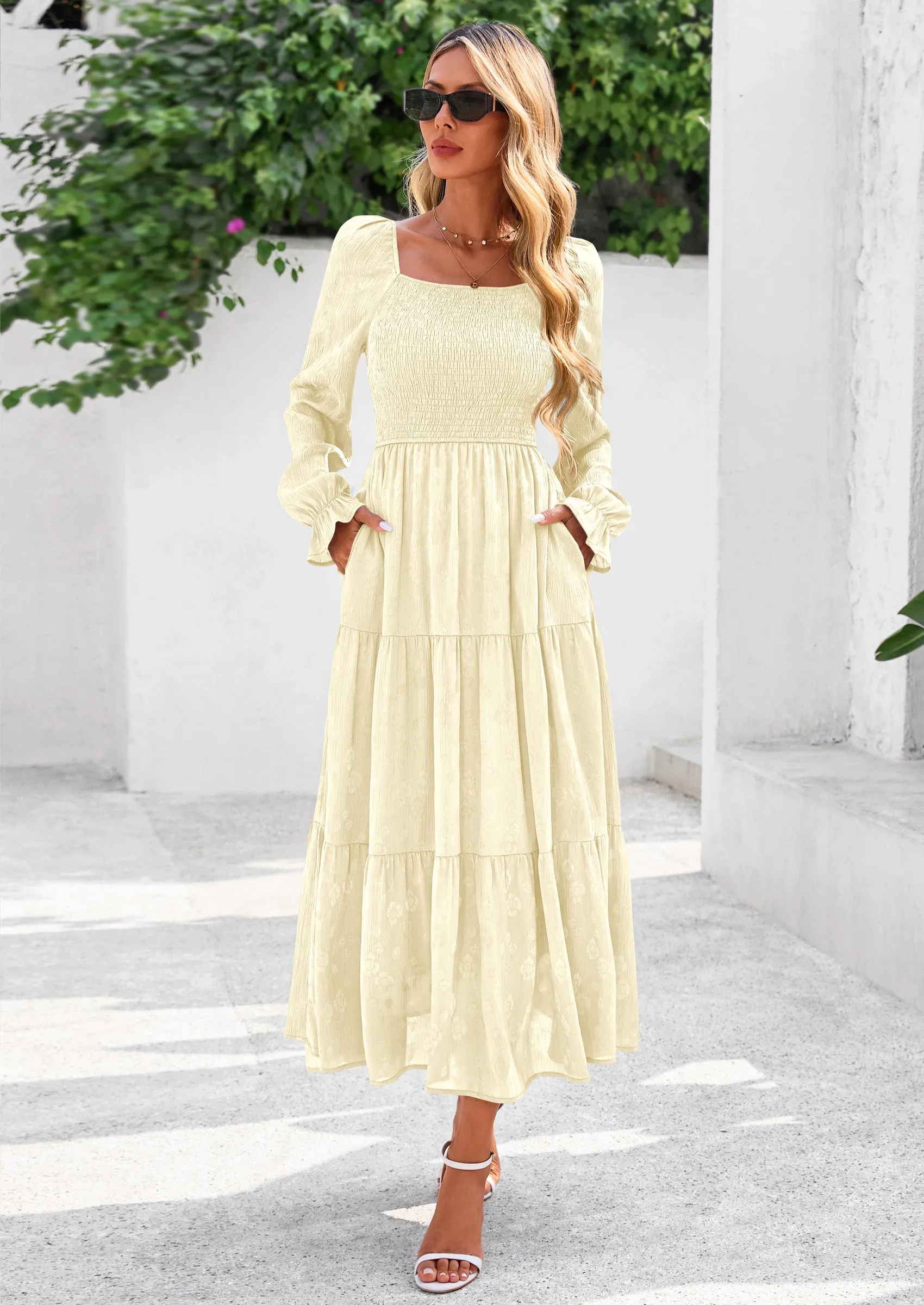 PRETTYGARDEN Fall Wedding Guest Dresses for Women Floral Long Sleeve Smocked Tiered Elegant Long Flowy Boho Dress sold by PrettyGarden product image thumbnail 4